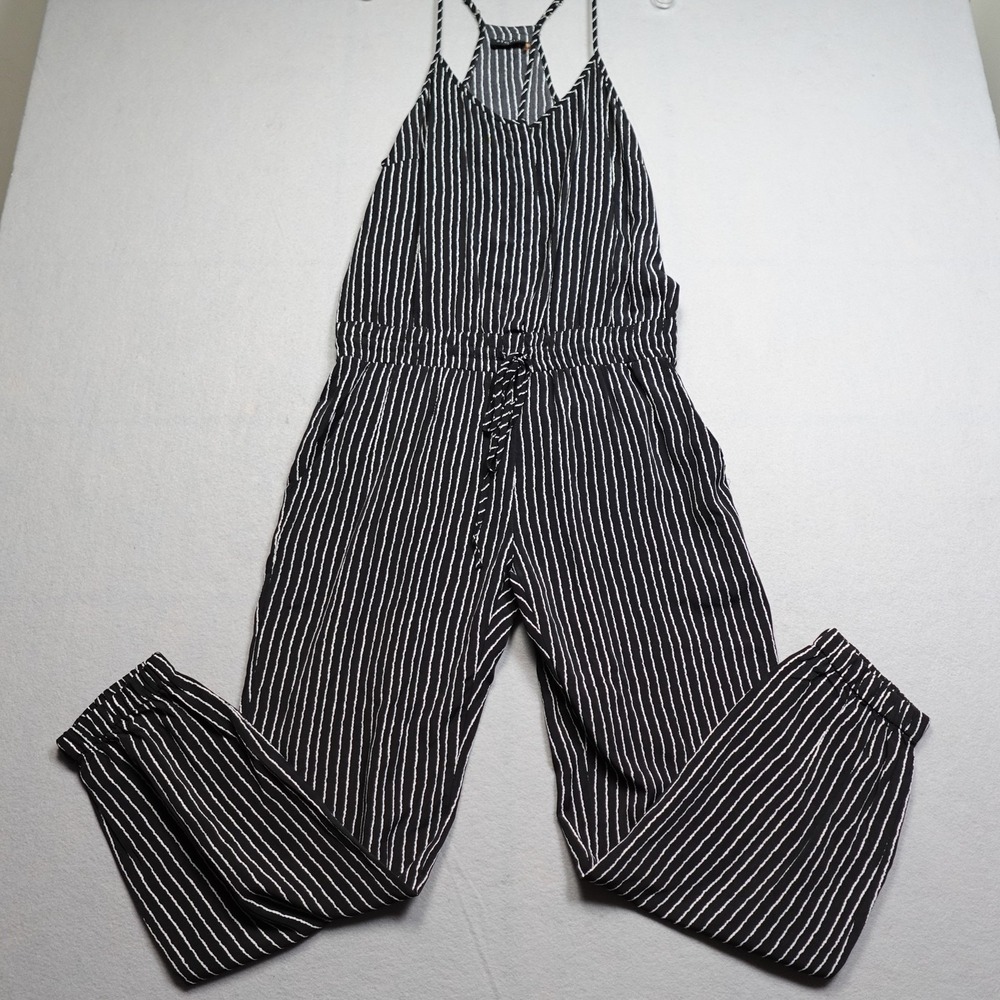 STORIA Overalls Womens M Black Striped Drawstring Elastic Waist Pockets